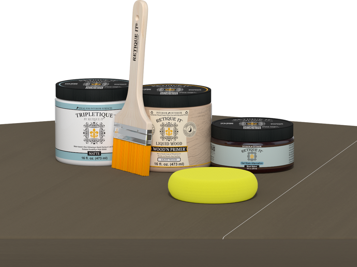 Retique It® Black Walnut Brush-On Kit with Matte TripleTique® includes a brush, Light Wood primer, Black Walnut Gel Stain Alternative, Matte TripleTique® top coat, and a yellow sponge.