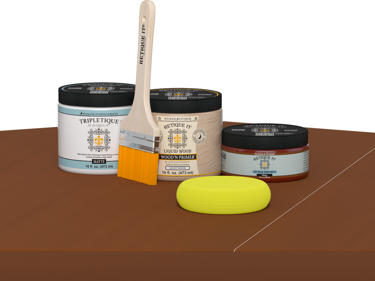 Retique It® Cherry Brush-On Kit with Matte TripleTique® includes a brush, Light Wood primer, Cherry Gel Stain Alternative, Matte TripleTique® top coat, and a yellow sponge.