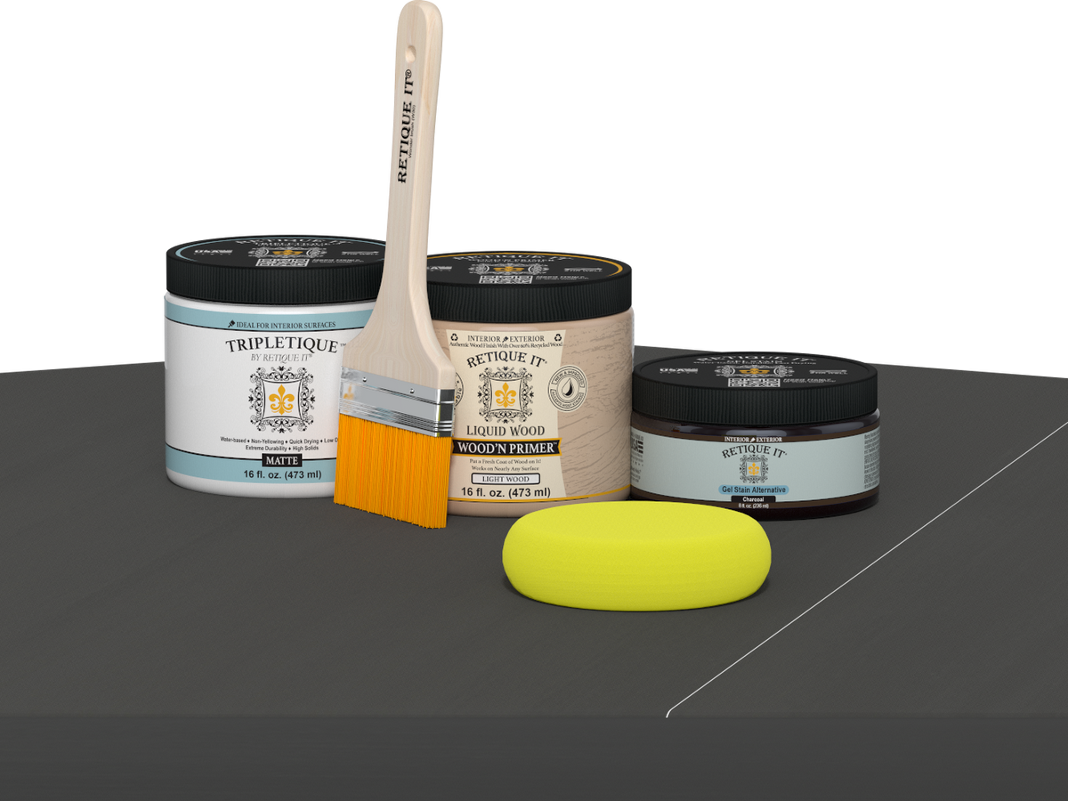 Retique It® Charcoal Brush-On Kit with Matte TripleTique® includes a brush, Light Wood primer, Charcoal Gel Stain Alternative, Matte TripleTique® top coat, and a yellow sponge.
