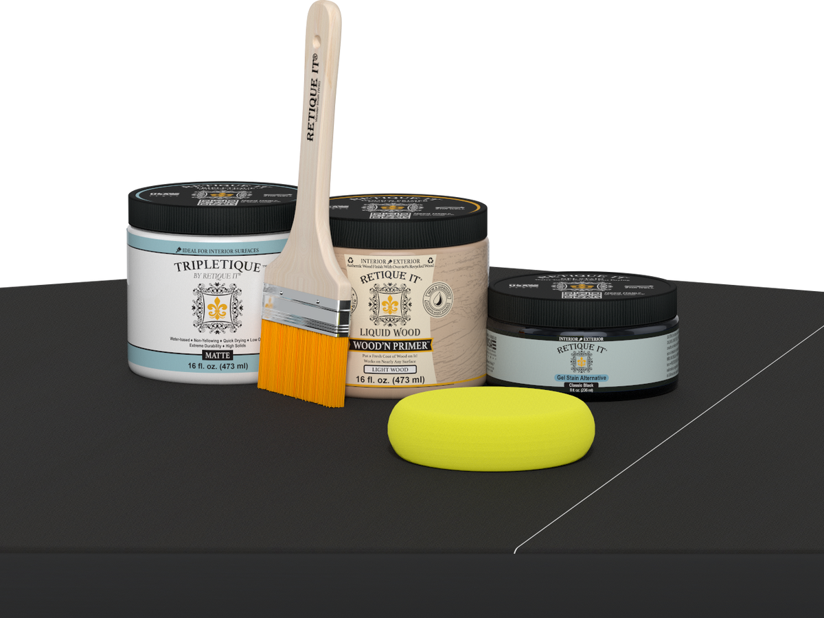 Retique It® Classic Black Brush-On Kit with Matte TripleTique® includes a brush, Light Wood primer, Classic Black Gel Stain Alternative, Matte TripleTique® top coat, and a yellow sponge.