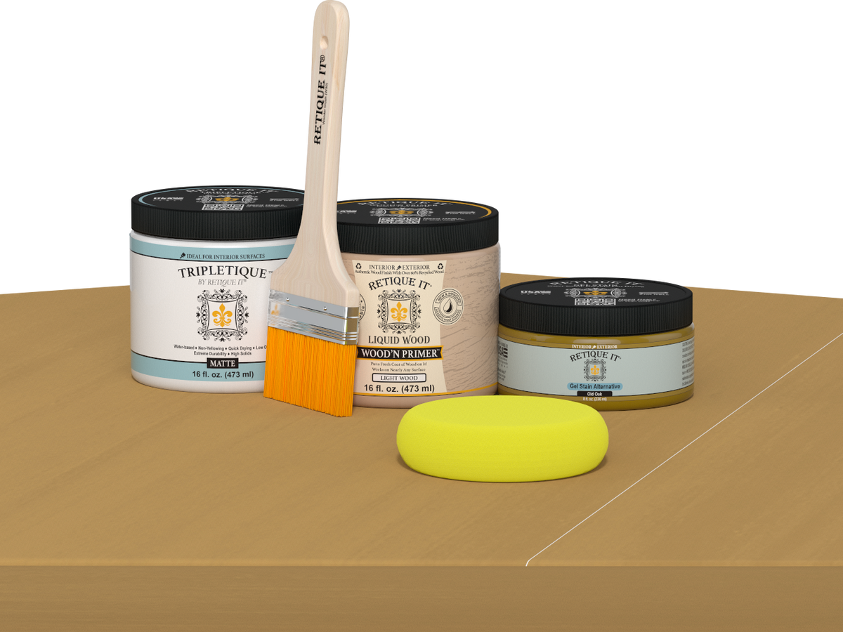 Retique It® Old Oak Brush-On Kit with Matte TripleTique® includes a brush, Light Wood primer, Old Oak Gel Stain Alternative, Matte TripleTique® top coat, and a yellow sponge.