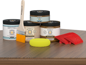 Retique It® Multi-purpose Smooth Finish Kit in Dark Oak for interior wood projects, includes top coat and application tools.