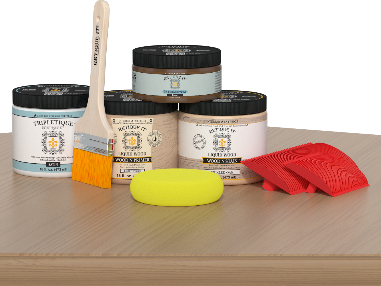 Retique It® Wood'n Finish Kit in Pickled Oak for interior wood surfaces, satin top coat on a table.