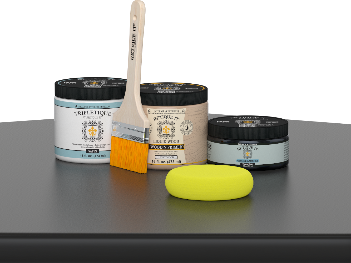 Retique It® Classic Black Brush-On Kit with Satin TripleTique® includes a brush, Light Wood primer, Classic Black Gel Stain Alternative, Satin TripleTique® top coat, and a yellow sponge.