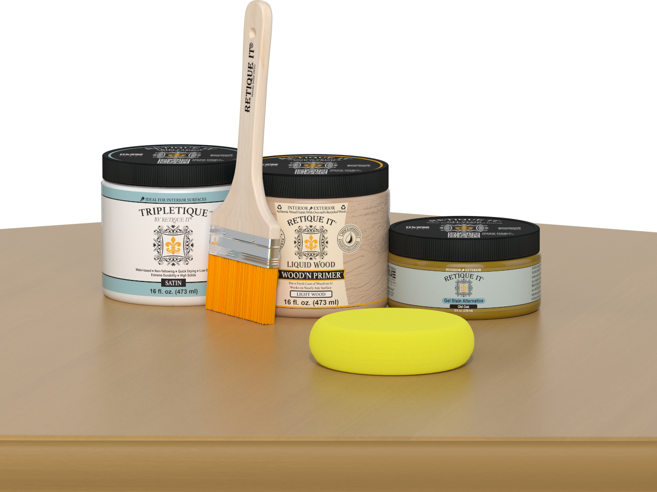 Retique It® Old Oak Brush-On Kit with Satin TripleTique® includes a brush, Light Wood primer, Old Oak Gel Stain Alternative, Satin TripleTique® top coat, and a yellow sponge.
