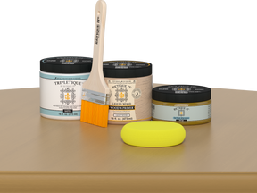 Retique It® Old Oak Brush-On Kit with Satin TripleTique® includes a brush, Light Wood primer, Old Oak Gel Stain Alternative, Satin TripleTique® top coat, and a yellow sponge.