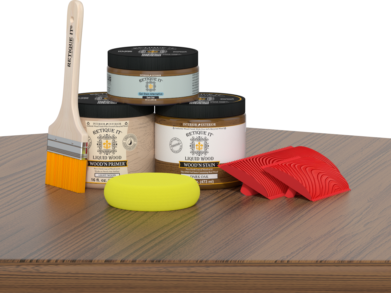 Dark oak Wood'n Finish Kit by Retique It® for multi-purpose wood finishing, shown on a wooden table surface.