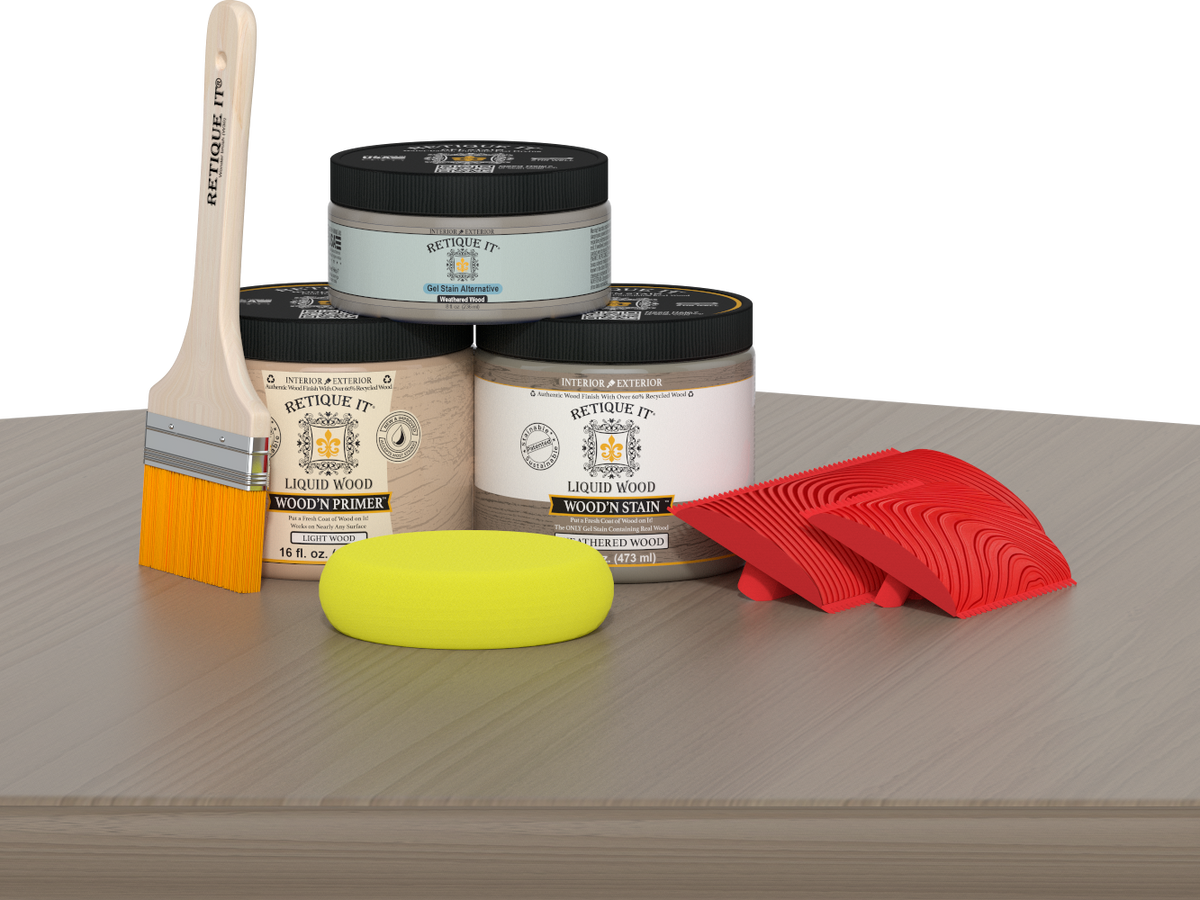 Retique It® Wood'n Finish Kit in Weathered Wood, a multi-purpose wood finishing set with brushes and stain for furniture projects.