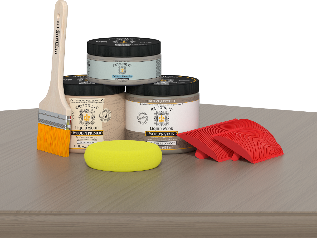 Retique It® Fireplace Wood'n Finish Kit in Weathered Wood stain, showcasing full fireplace with wood-toned finish and stain application.