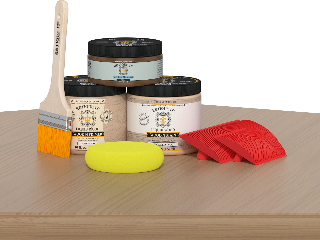 Retique It® Wood'n Kit in Pickled Oak, a multi-purpose wood finish kit, showing wood stain and finishing tools on a table.