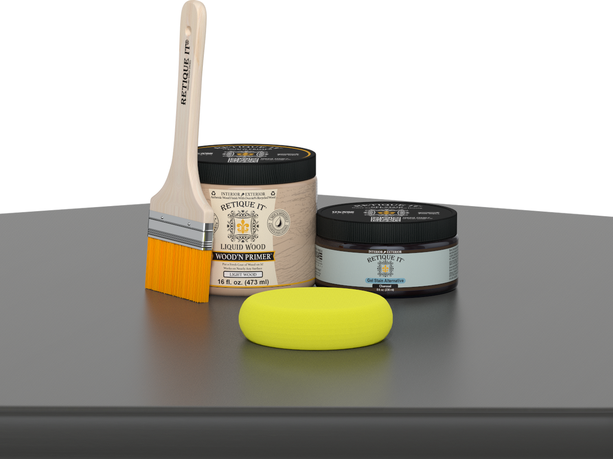 Retique It® Wood'n Finish Kit in Charcoal, multi-purpose smooth finish for wood furniture and surfaces, medium size.
