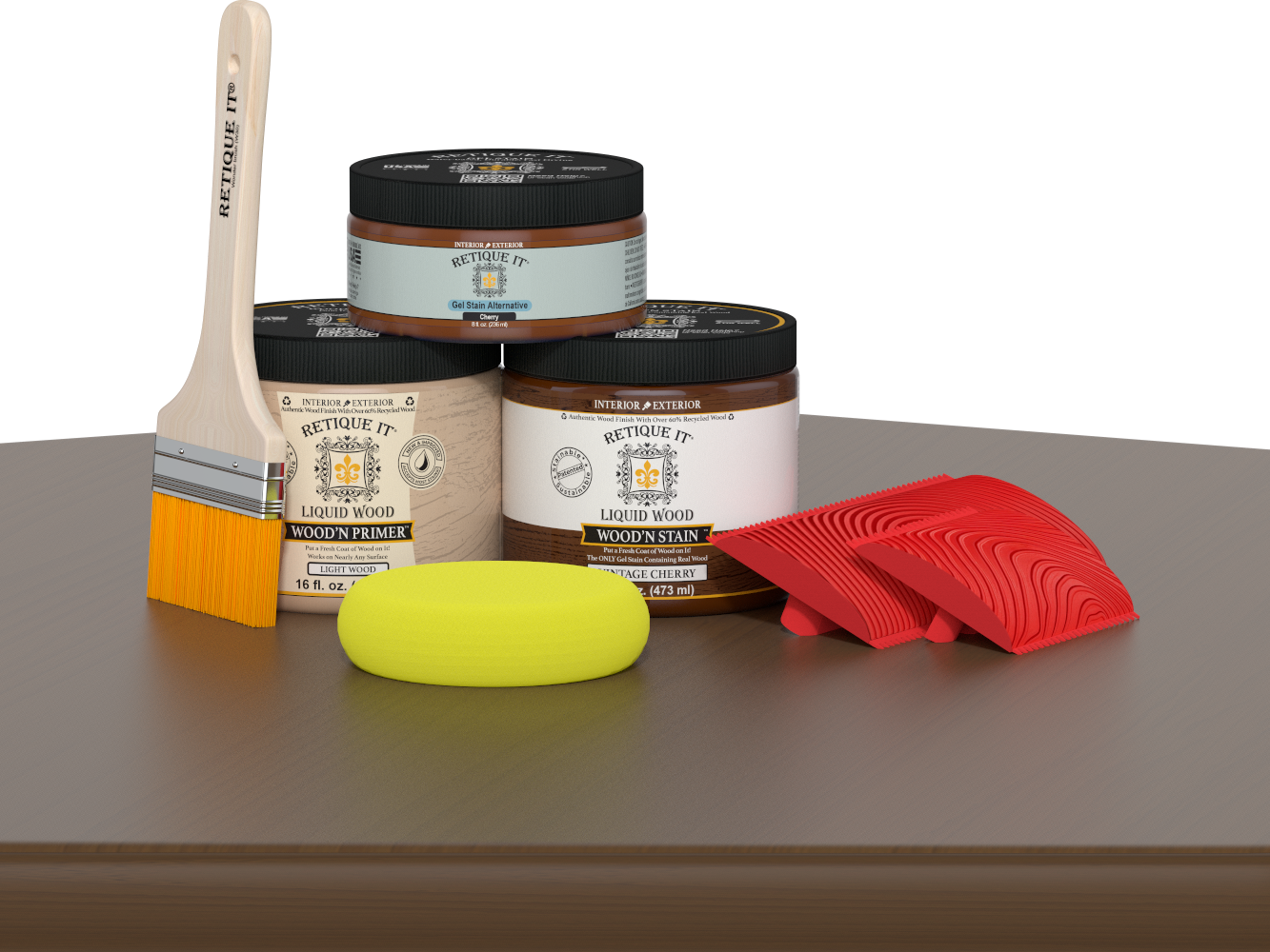 Retique It® Multi-purpose Wood'n Kit (Med) in Vintage Cherry for wood finishing, shown on a wooden table surface.