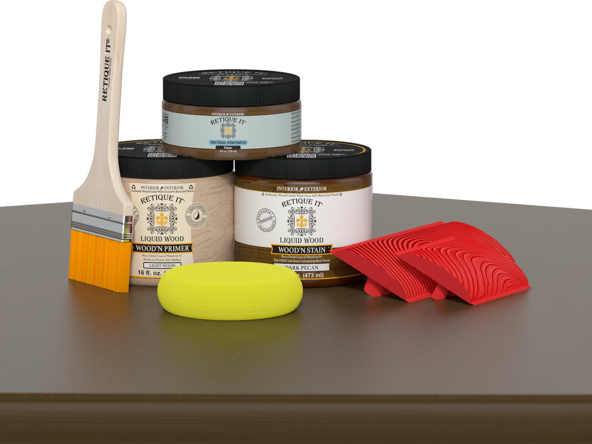 Dark Pecan Wood'n Finish Kit by Retique It® for multi-purpose wood finishing, featuring brushes and finishing products.