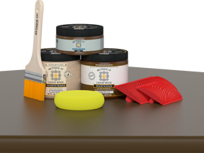Dark Pecan Wood'n Finish Kit by Retique It® for multi-purpose wood finishing, featuring brushes and finishing products.