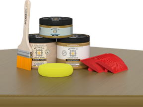 Retique It® Fireplace Wood'n Finish Kit for full fireplace in Old Oak stain, featuring wood stain and finishing tools on a table.