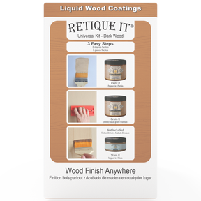 Universal Liquid Wood kit in dark wood color from Retique It, showing the right side of the box with product packaging.