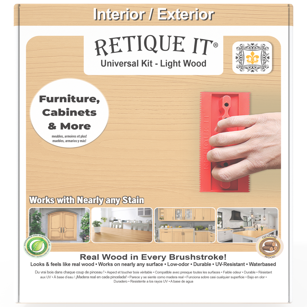 Universal Liquid Wood Kit in light wood finish by Retique It showing the box and product packaging.