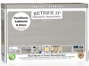 Retique It® Multi-purpose Smooth Finish Kit in Weathered Wood for exterior wood projects, includes top coat and application tools.