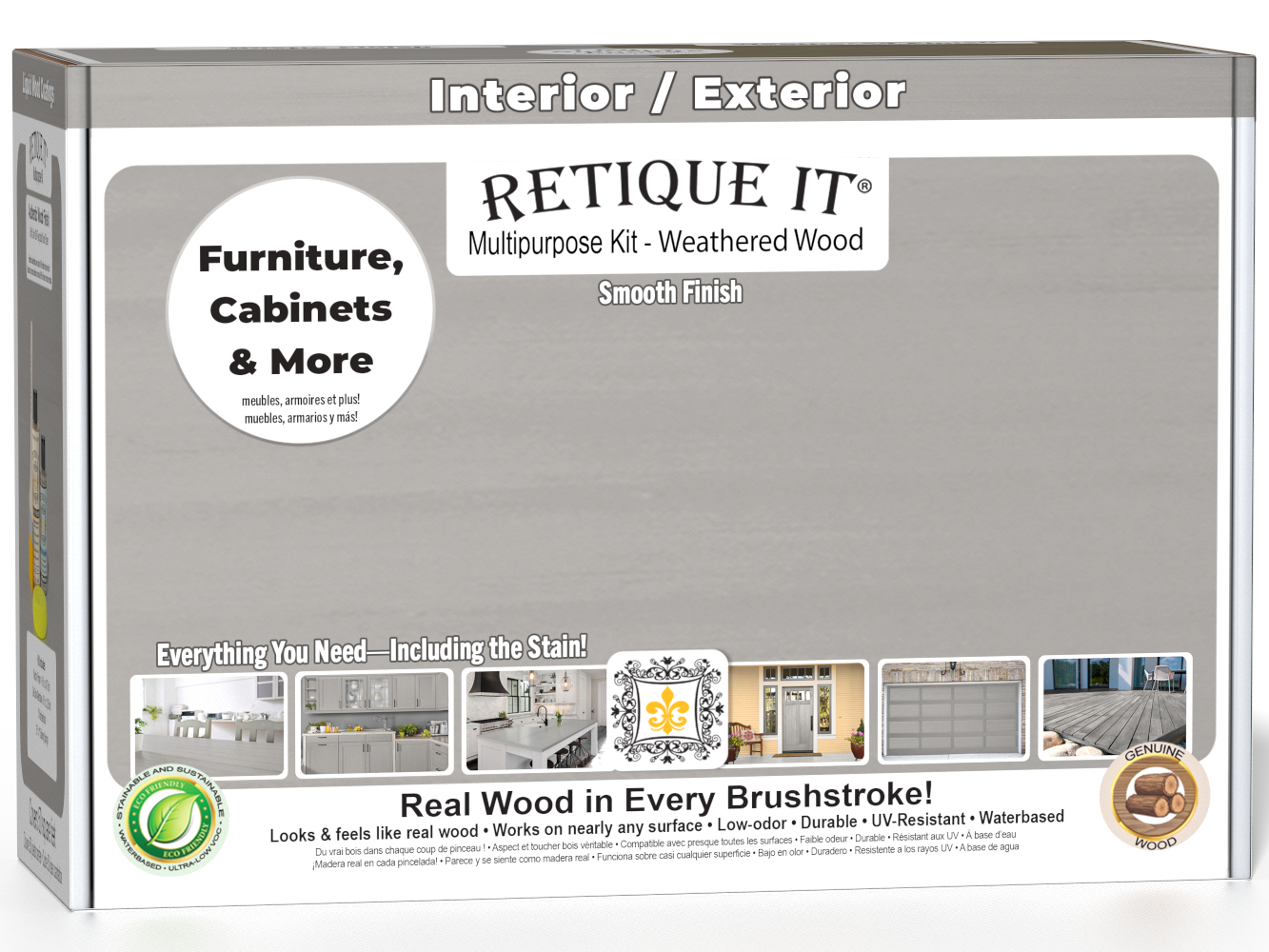 Retique It® Wood'n Finish Kit in Weathered Wood with smooth finish, showing a box with wood stain and finishing tools.