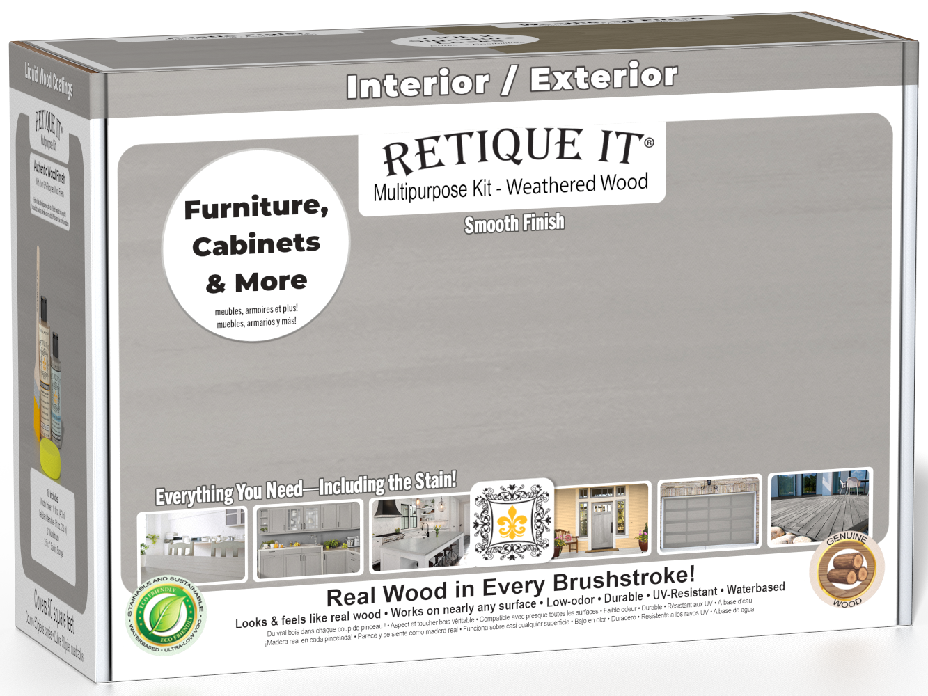 Retique It® Multi-purpose Smooth Finish Kit in Weathered Wood for exterior wood surfaces, includes top coat and finishing tools.