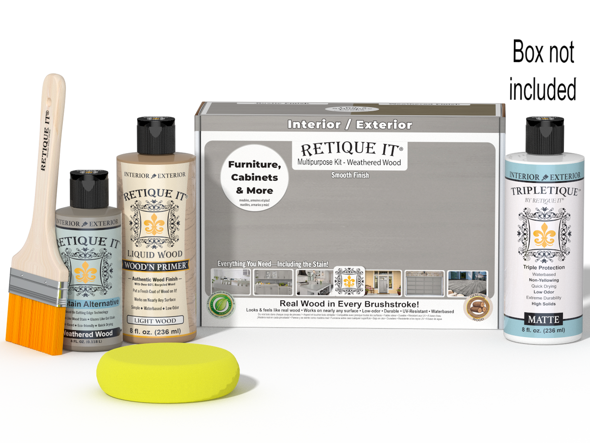 Retique It® Wood'n Finish Kit in Weathered Wood with smooth top coat for interior wood furniture and surfaces.