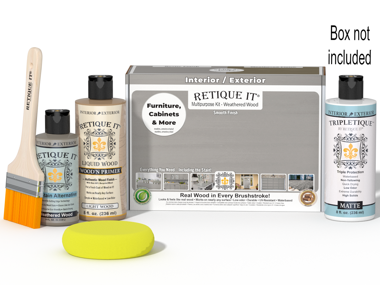 Retique It® Wood'n Finish Kit in Weathered Wood with smooth top coat for interior wood furniture and surfaces.