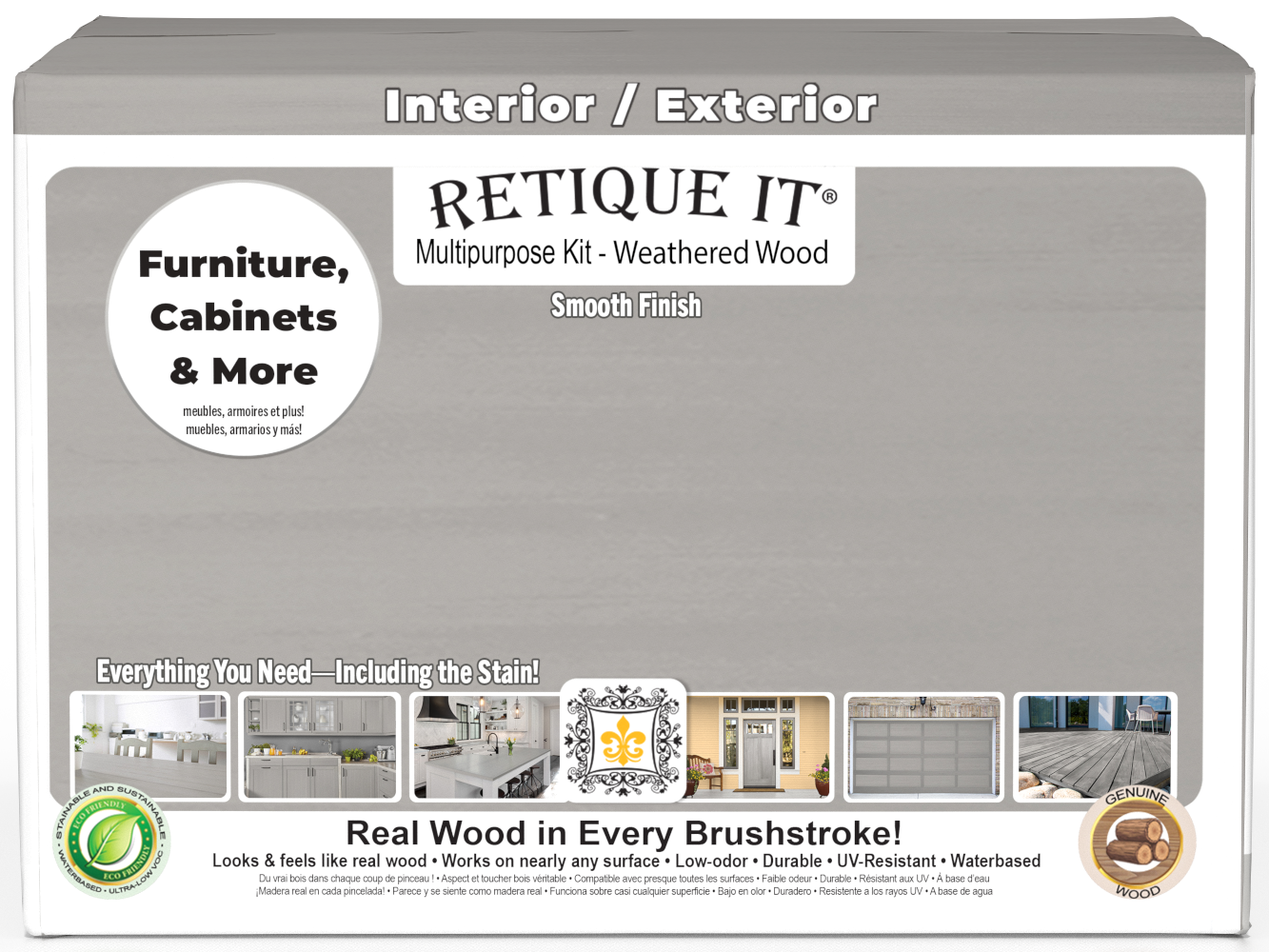 Retique It® multi-purpose wood finish kit in weathered wood, showing four large bottles of smooth finish for furniture projects.