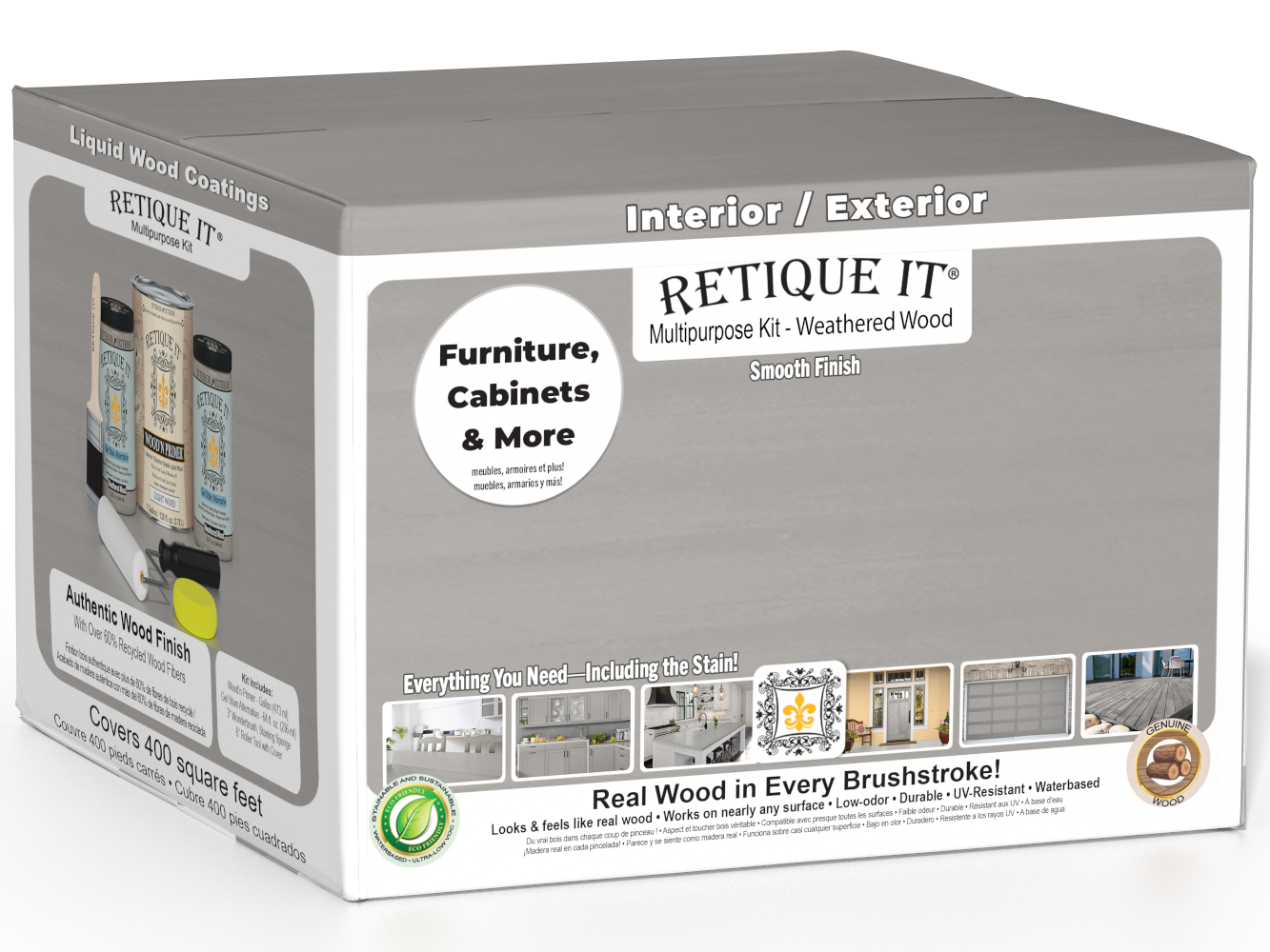 Retique It® Weathered Wood Multi-purpose Smooth Finish Kit (4x Large) exterior top coat with weathered wood look, for wood surfaces.