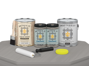 Retique It® Weathered Wood exterior top coat kit with four large containers of smooth finish for wood furniture and surfaces.