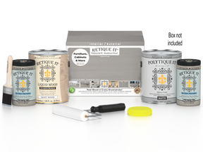 Retique It® Weathered Wood Multi-purpose Smooth Finish Kit with four large exterior top coat containers for wood finishing.