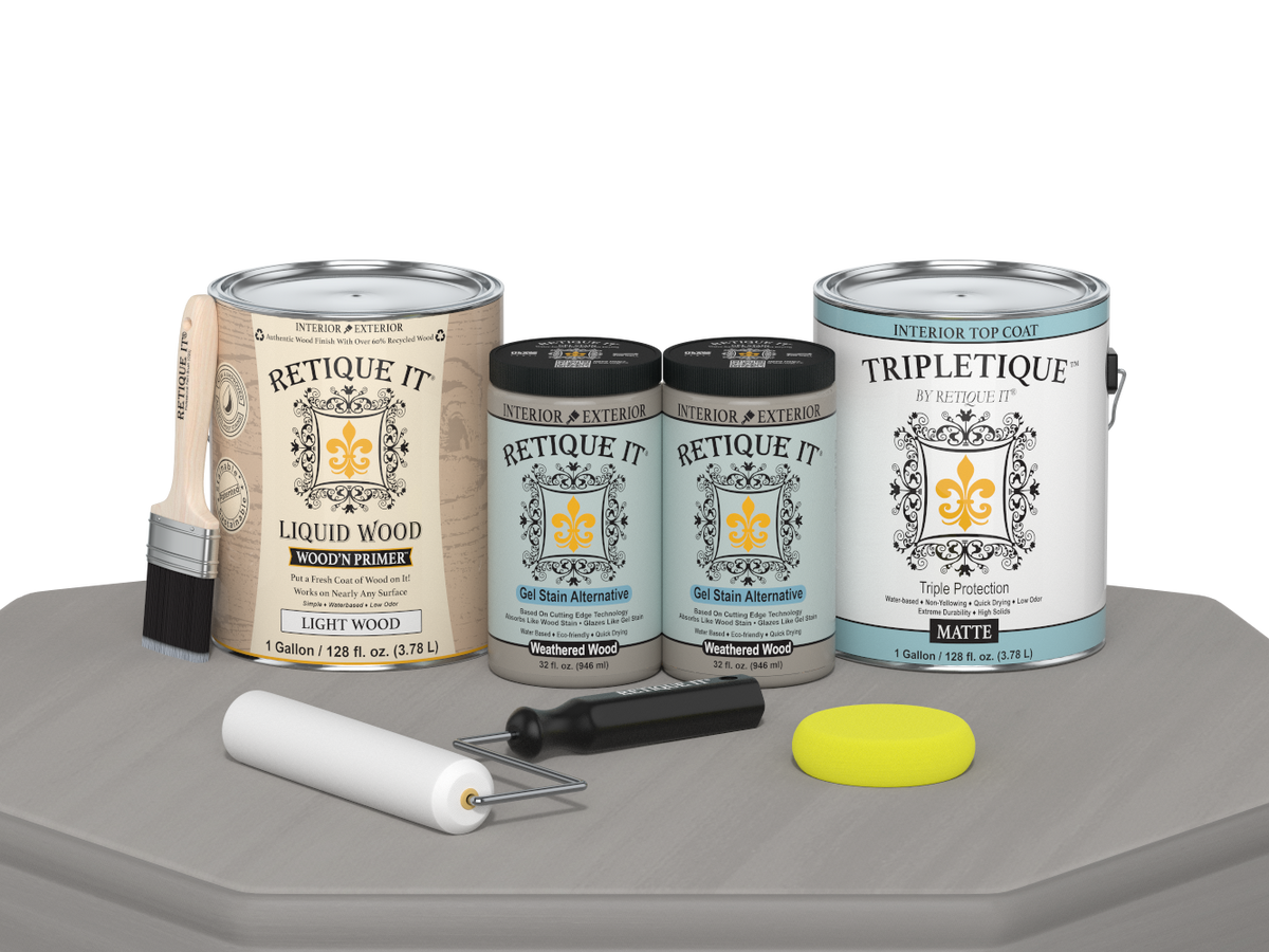 Retique It® Weathered Wood multi-purpose smooth finish kit with four large interior top coats, matte weathered wood look for furniture.