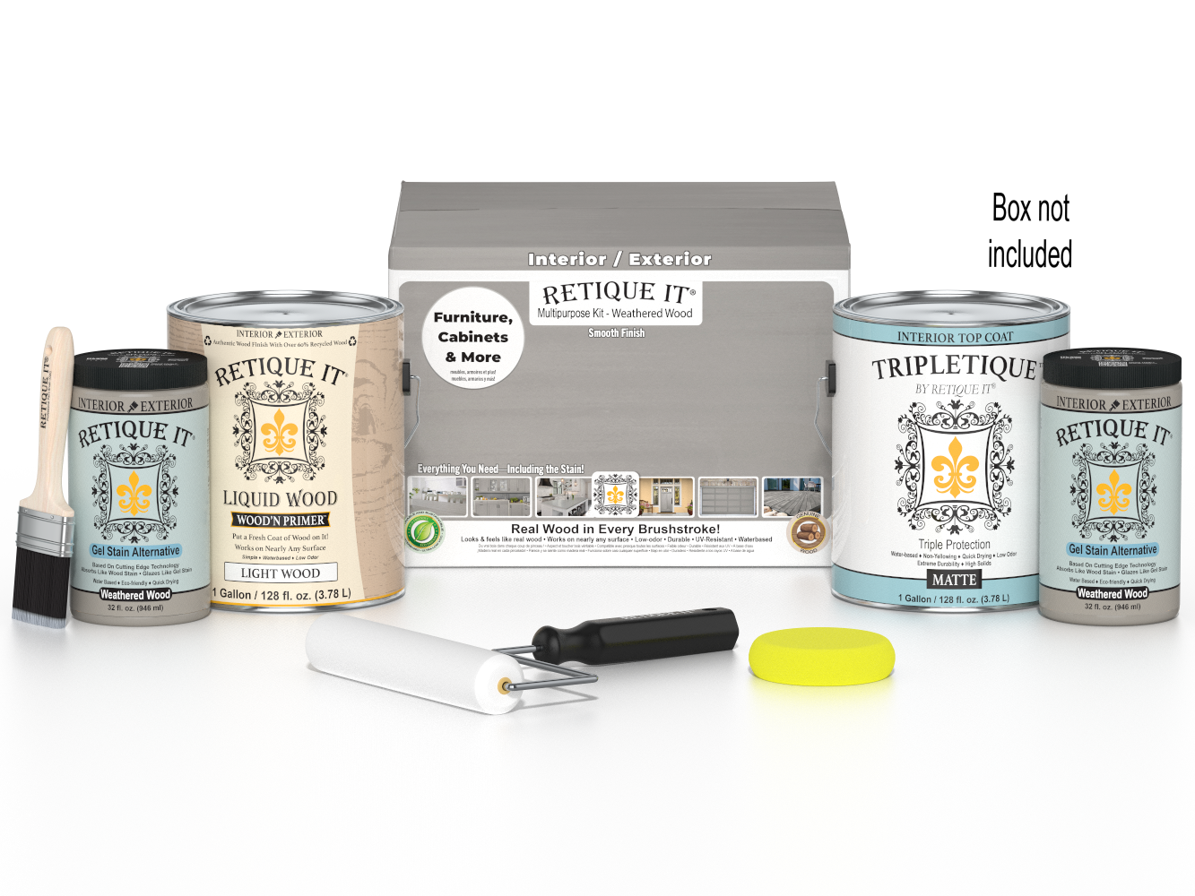 Retique It® wood finish kit with four large weathered wood top coat bottles for interior projects, smooth and durable finish.