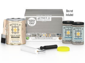 Retique It® multi-purpose wood finish kit with four large weathered wood stain and sealant bottles, perfect for furniture and crafts.