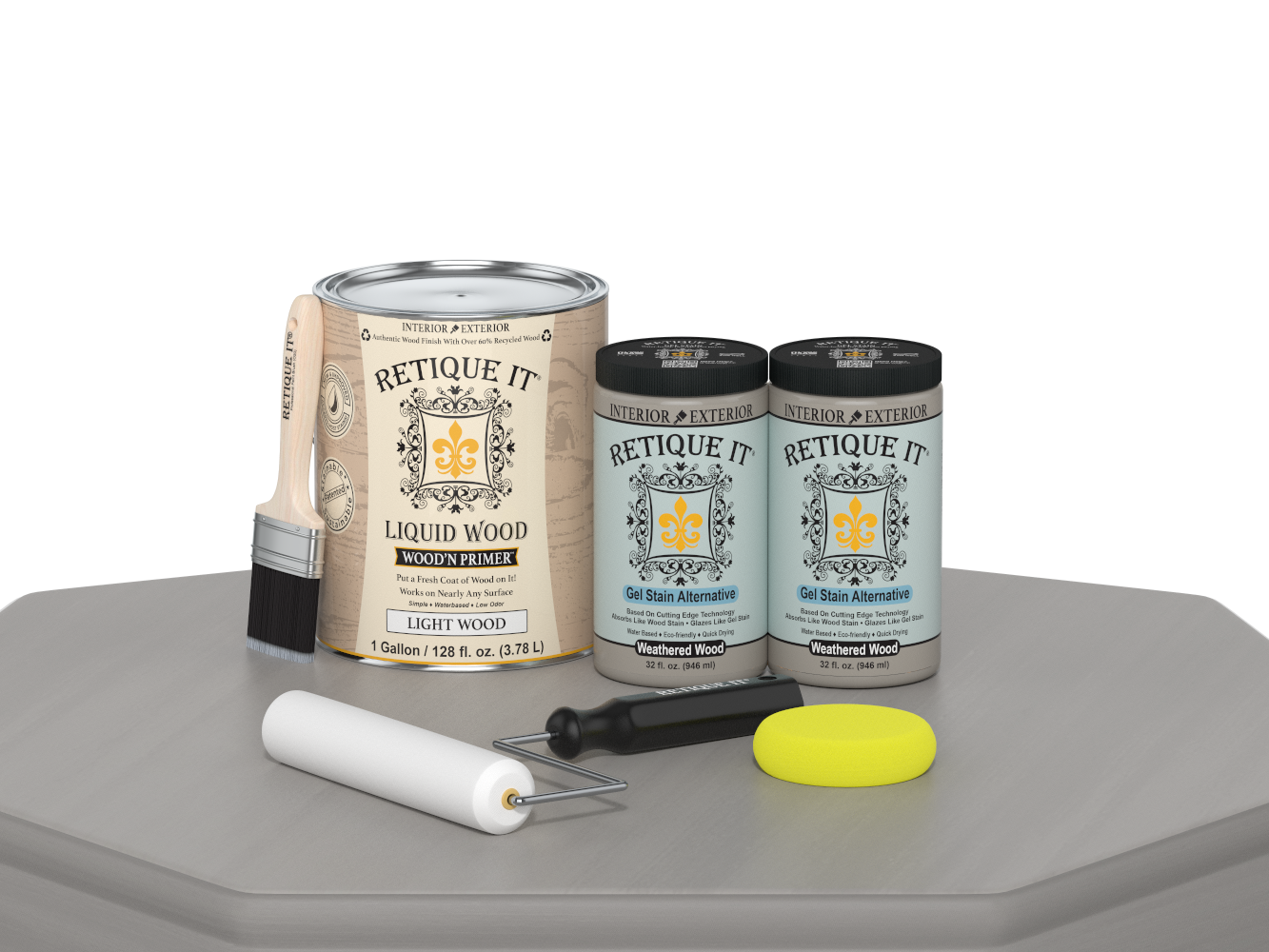 Retique It® Weathered Wood Multi-purpose Smooth Finish Kit with four large containers, ideal for wood finishing projects.