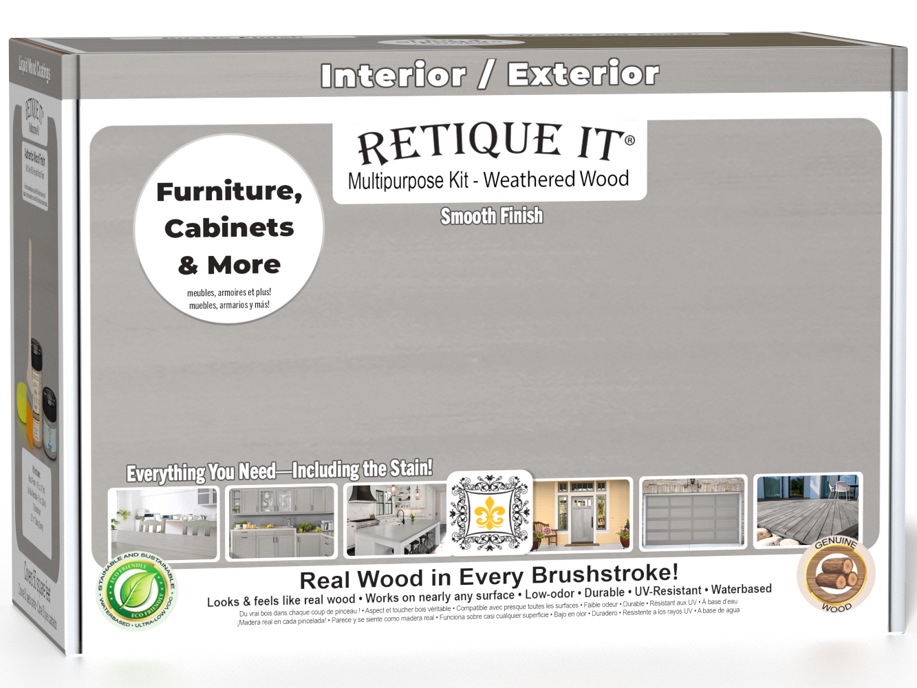 Retique It® multi-purpose wood finish kit in weathered wood for exterior top coat, includes smooth finish tools and supplies.