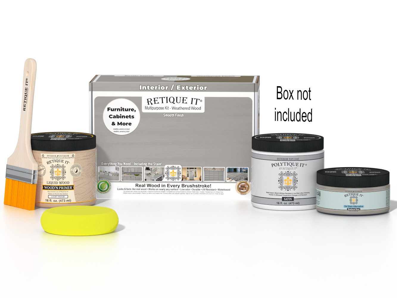 Retique It® Weathered Wood Multi-purpose Smooth Finish Kit for exterior top coat, includes tools and materials for wood finishing.