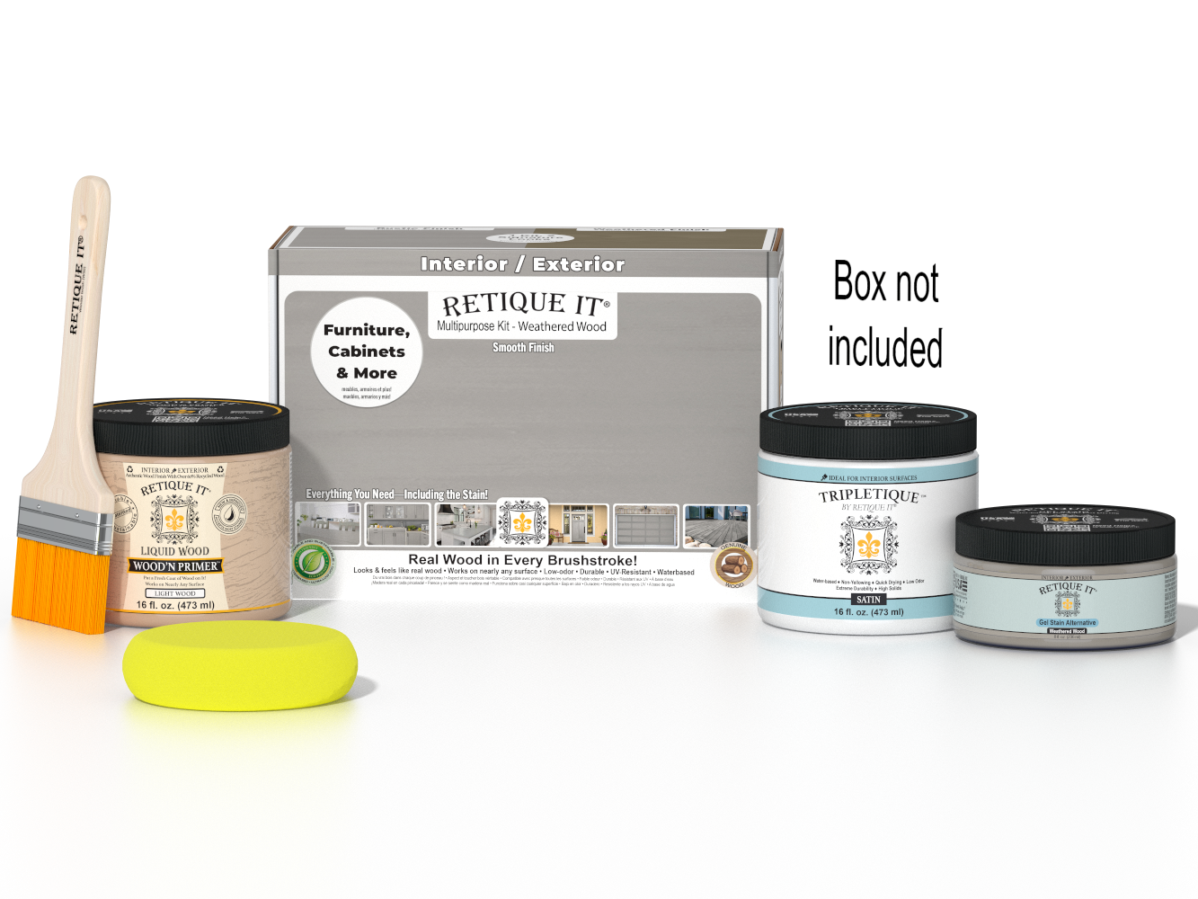 Retique It® Multi-purpose Smooth Finish Kit in Weathered Wood for interior top coat, includes application tools and wood finish product.