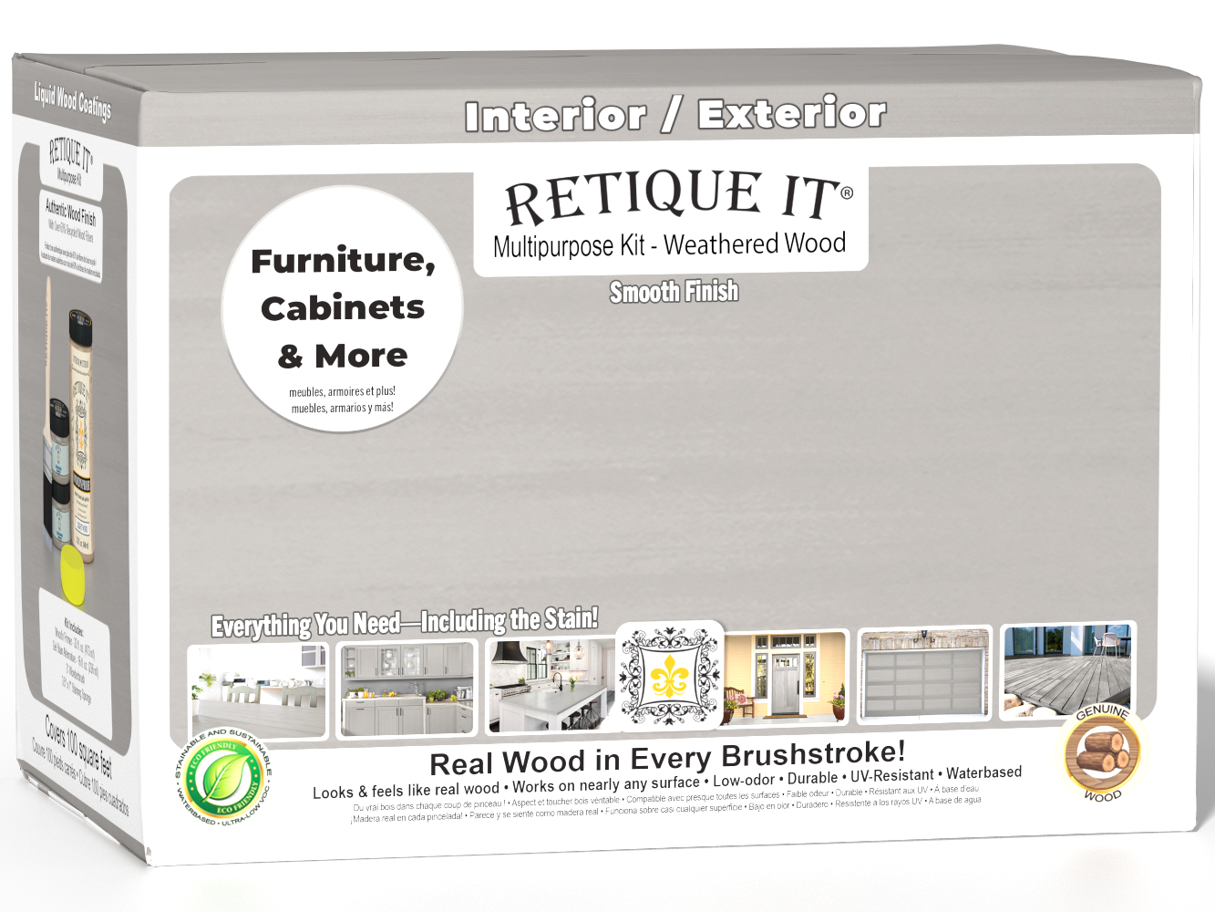 Retique It® Multi-purpose Smooth Finish Kit in Weathered Wood for exterior wood projects, large size with top coat and applicator tools.