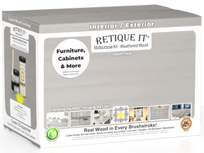 Retique It® Multi-purpose Smooth Finish Kit in Weathered Wood, large size, showing wood finish tools and product packaging.
