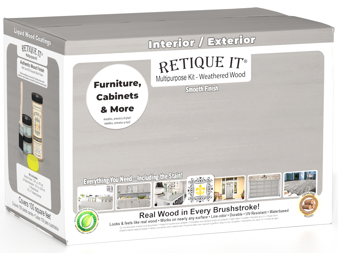 Retique It® Multi-purpose Smooth Finish Kit in Weathered Wood for exterior wood projects with a large top coat box.