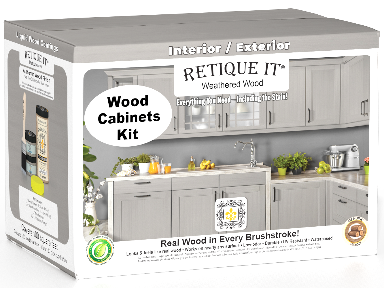 Weathered wood cabinet kit with 12 smooth doors from Retique It® Wood'n collection, showcasing a weathered stain finish.