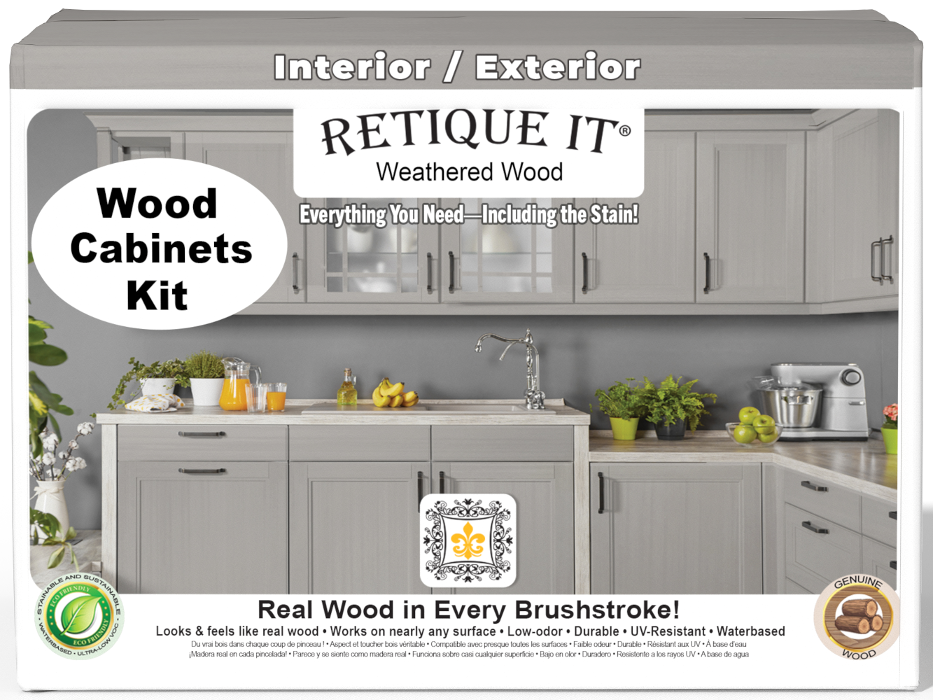 Weathered wood cabinet doors from Retique It® Wood'n Cabinet Kit with 24 smooth doors for a rustic stained look.