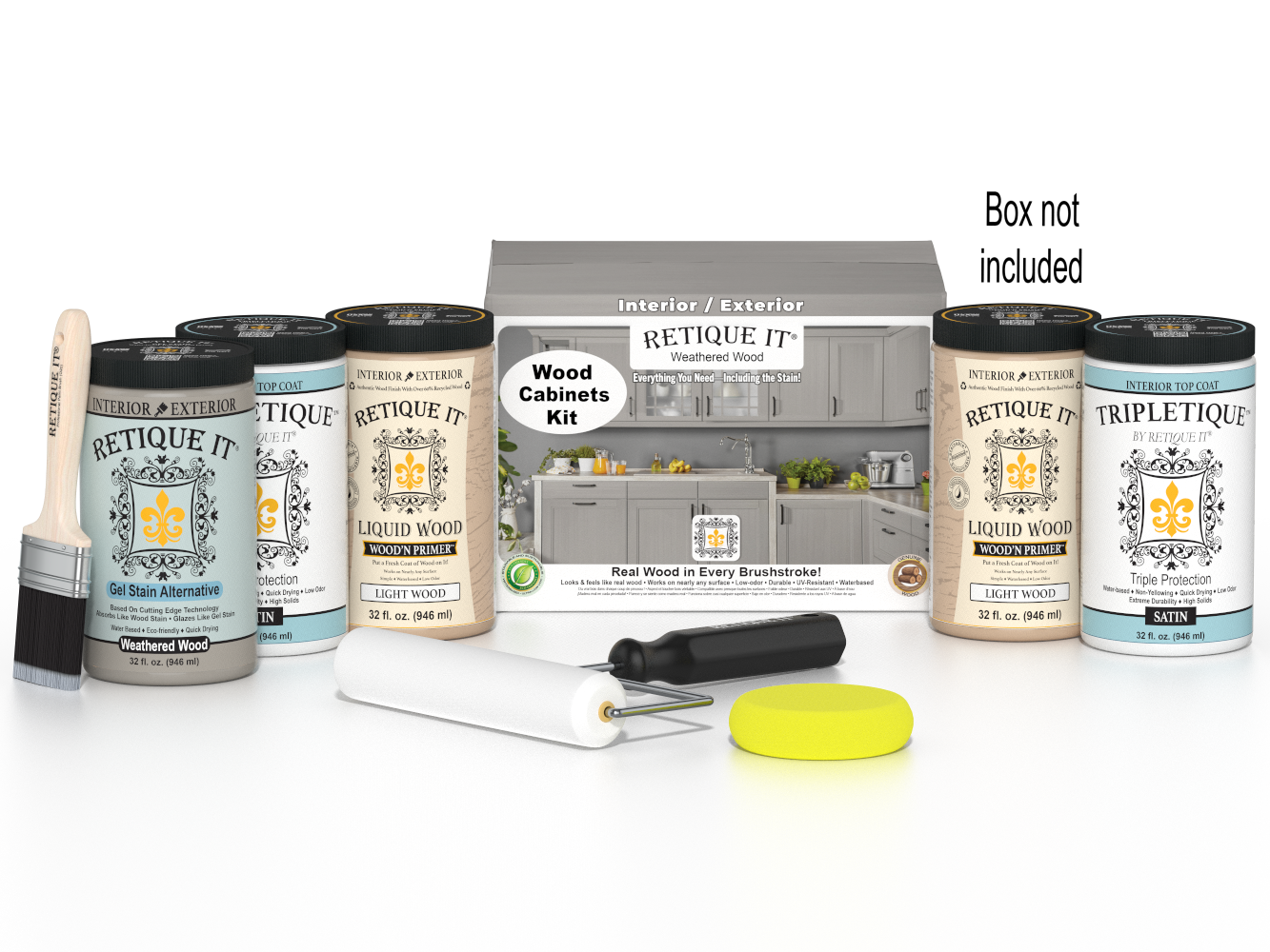 Weathered wood stain kit for cabinets featuring 24 smooth doors, designed for Retique It® Wood'n Cabinet Kit.