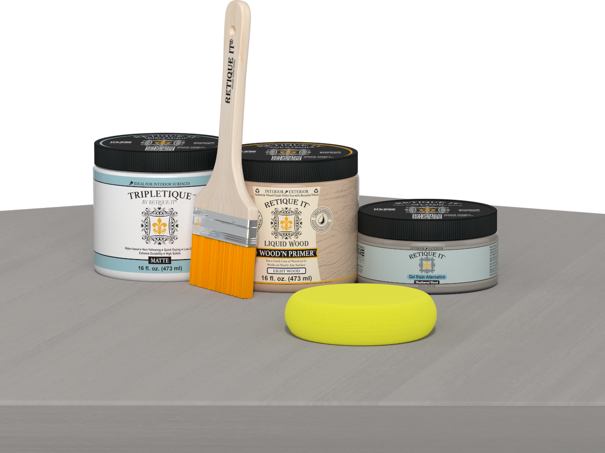 Retique It® Weathered Wood Multi-purpose Smooth Finish Kit for interior top coat, featuring a matte weathered wood design.