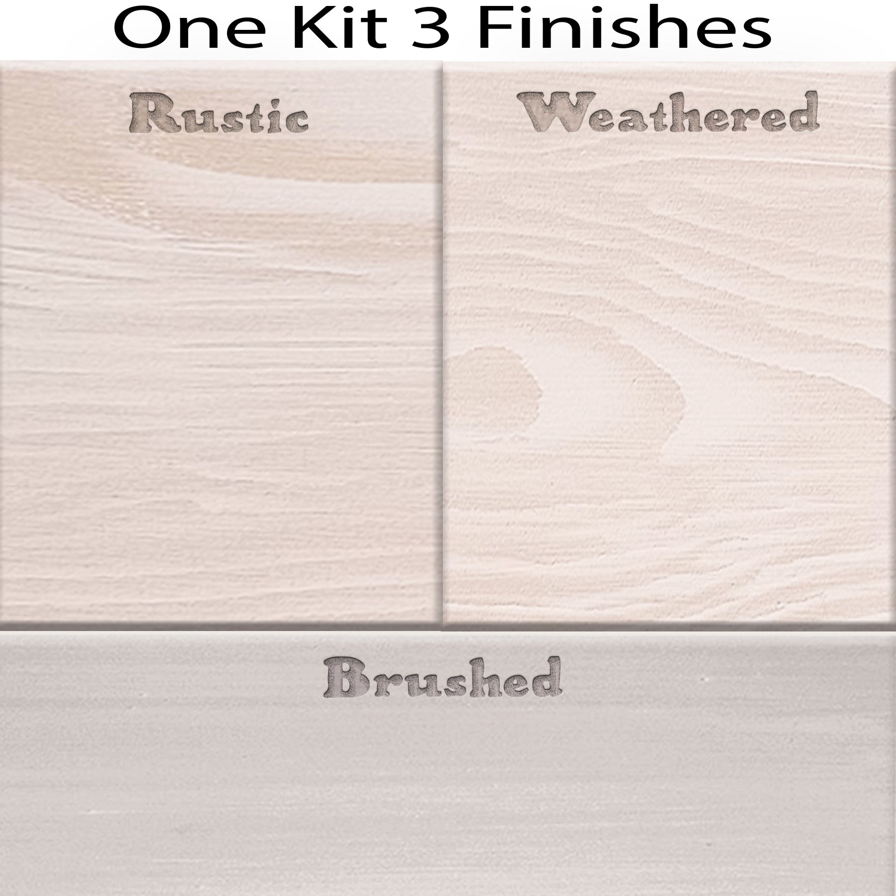 Swatch of Retique It® Wood'n Finish Kit in White Wash showing three different wood finish options on sample wood panels.
