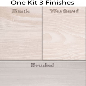 Retique It® Wood'n Finish Front Door Kit in White Wash stain, showcasing color swatches and wood grain details for door finishing.