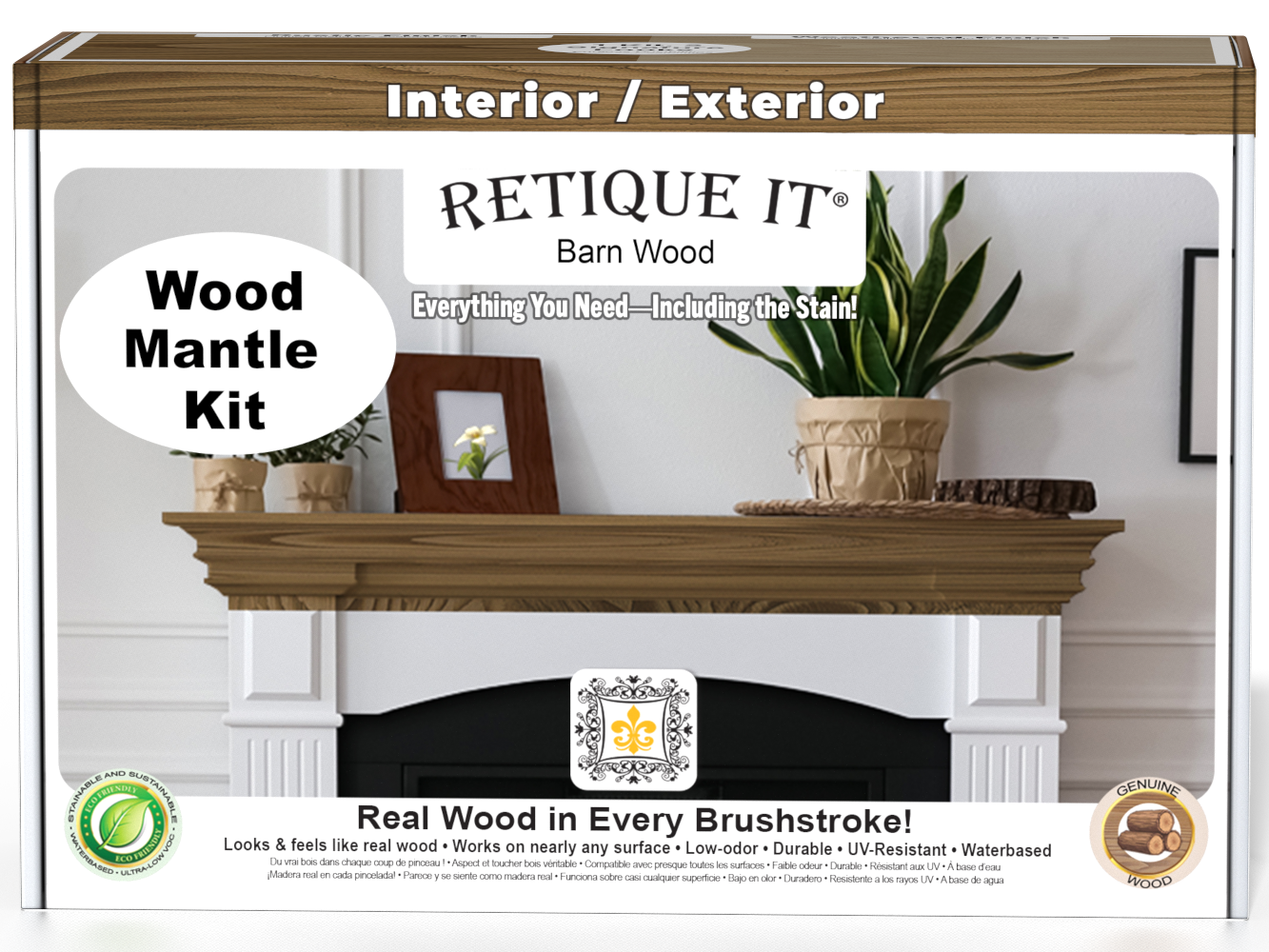 Modern walnut wood finish kit for fireplace mantel by Retique It®, featuring stain application and detailed wood grain texture.