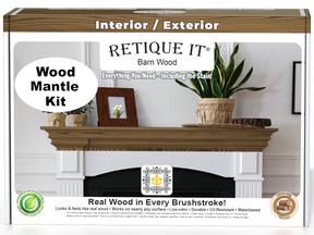 Modern walnut wood finish kit for fireplace mantel by Retique It®, featuring stain application and detailed wood grain texture.