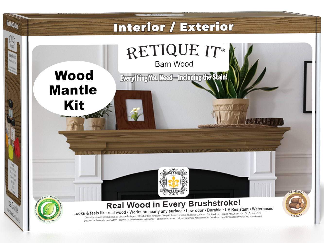 Retique It® Wood'n Finish Kit for modern walnut fireplace mantel, featuring stain bottles and application tools for wood finishing.
