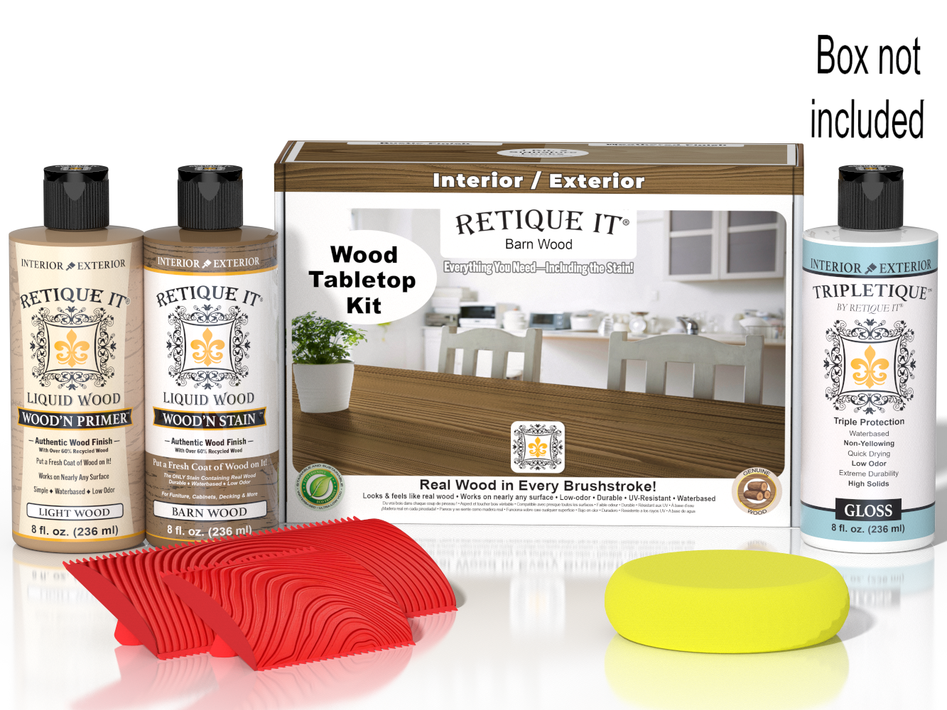 Retique It® Wood'n Finish Kit for tabletops, modern walnut stain, featuring wood finish application tools and sample wood surface.